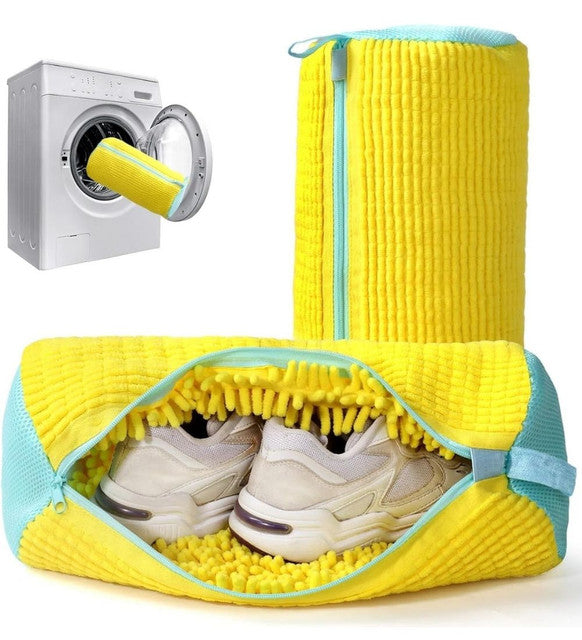 Yellow laundry shoe washing bag designed for use in washing machines and dryers, protecting shoes and machine.