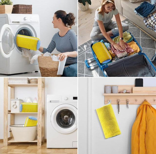 Yellow laundry shoe washing bag designed for use in washing machines and dryers, protecting shoes and machine.