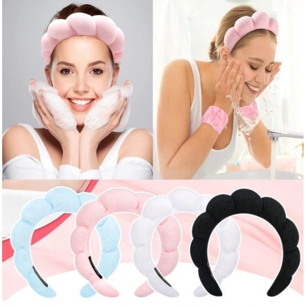 { "alt_text": "Pink elastic spa headband wristband set, absorbent beauty routine accessories for skincare and makeup" }