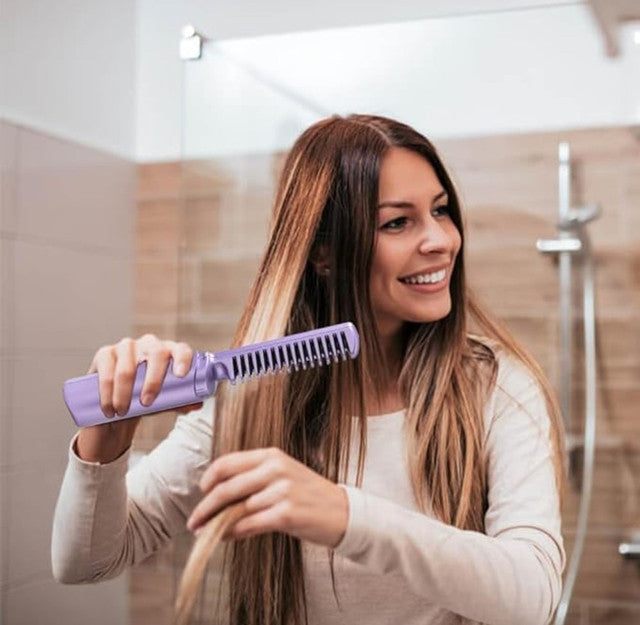 Multicolor rechargeable mini hair straightener with comb, 3-level temperature control, and auto shut-off safety feature