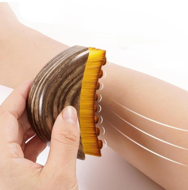 Brown lymphatic contour face brush with half-moon shape for sculpting and toning facial features