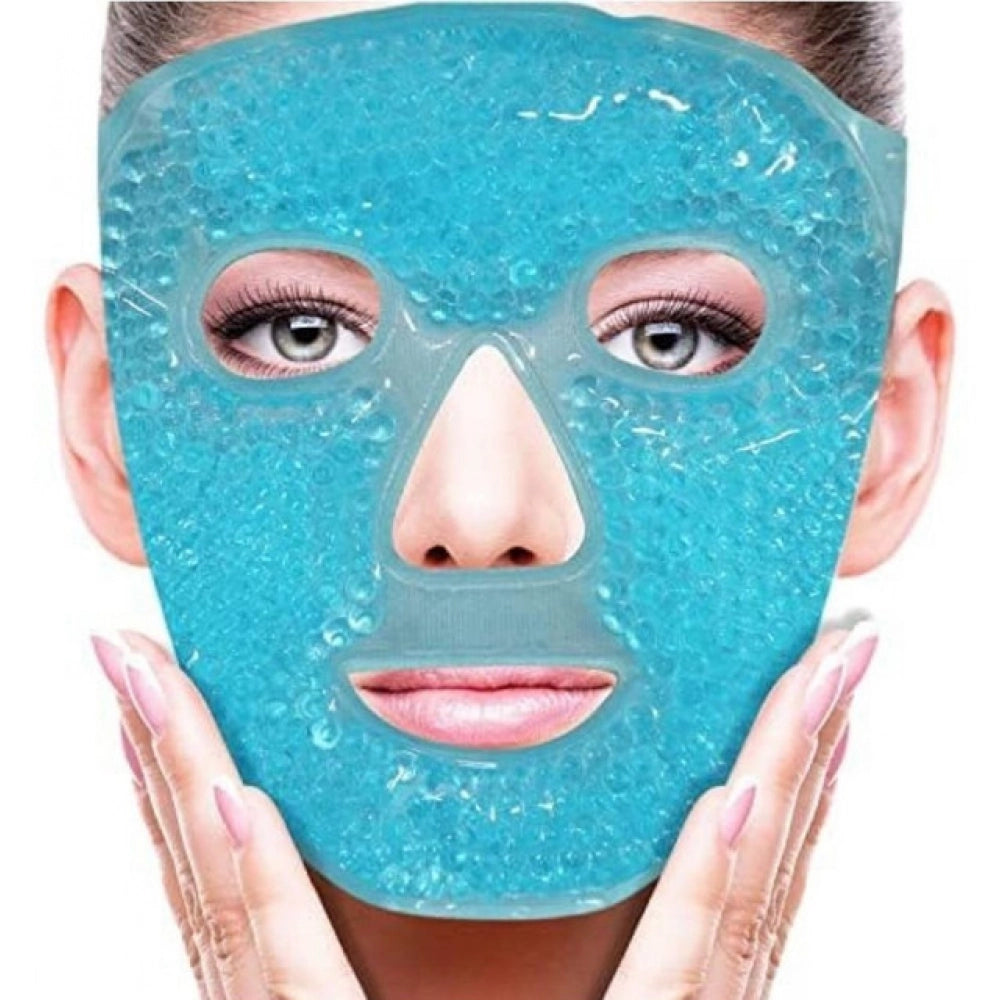 { "alt_text": "Blue gel bead reusable face mask set, hot cold compress therapy for facial relaxation skincare" }