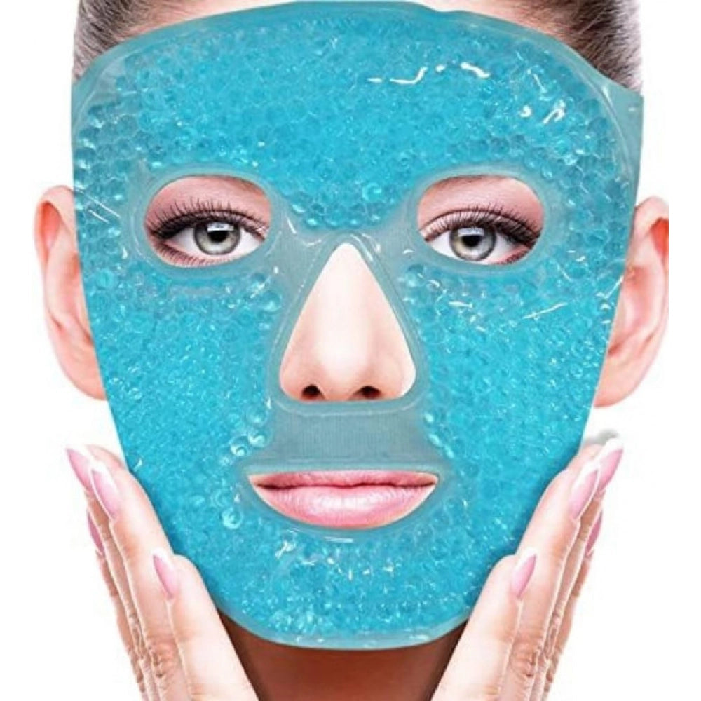{ "alt_text": "Blue gel bead reusable face mask set, hot cold compress therapy for facial relaxation skincare" }