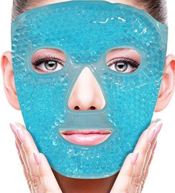 Blue reusable gel bead face and eye mask for soothing hot and cold compress therapy and facial relaxation