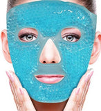 Blue reusable gel bead face and eye mask for soothing hot and cold compress therapy and facial relaxation