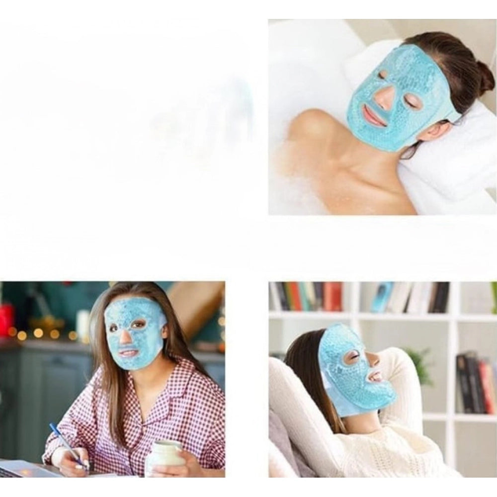 { "alt_text": "Blue gel bead reusable face mask set, hot cold compress therapy for facial relaxation skincare" }