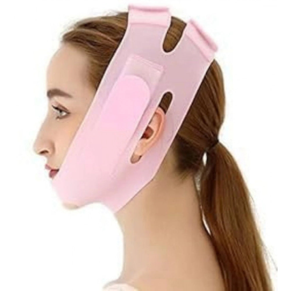 { "alt_text": "Pink silicone face mask for V-line lifting and facial slimming device, washable double chin reducer for women" }