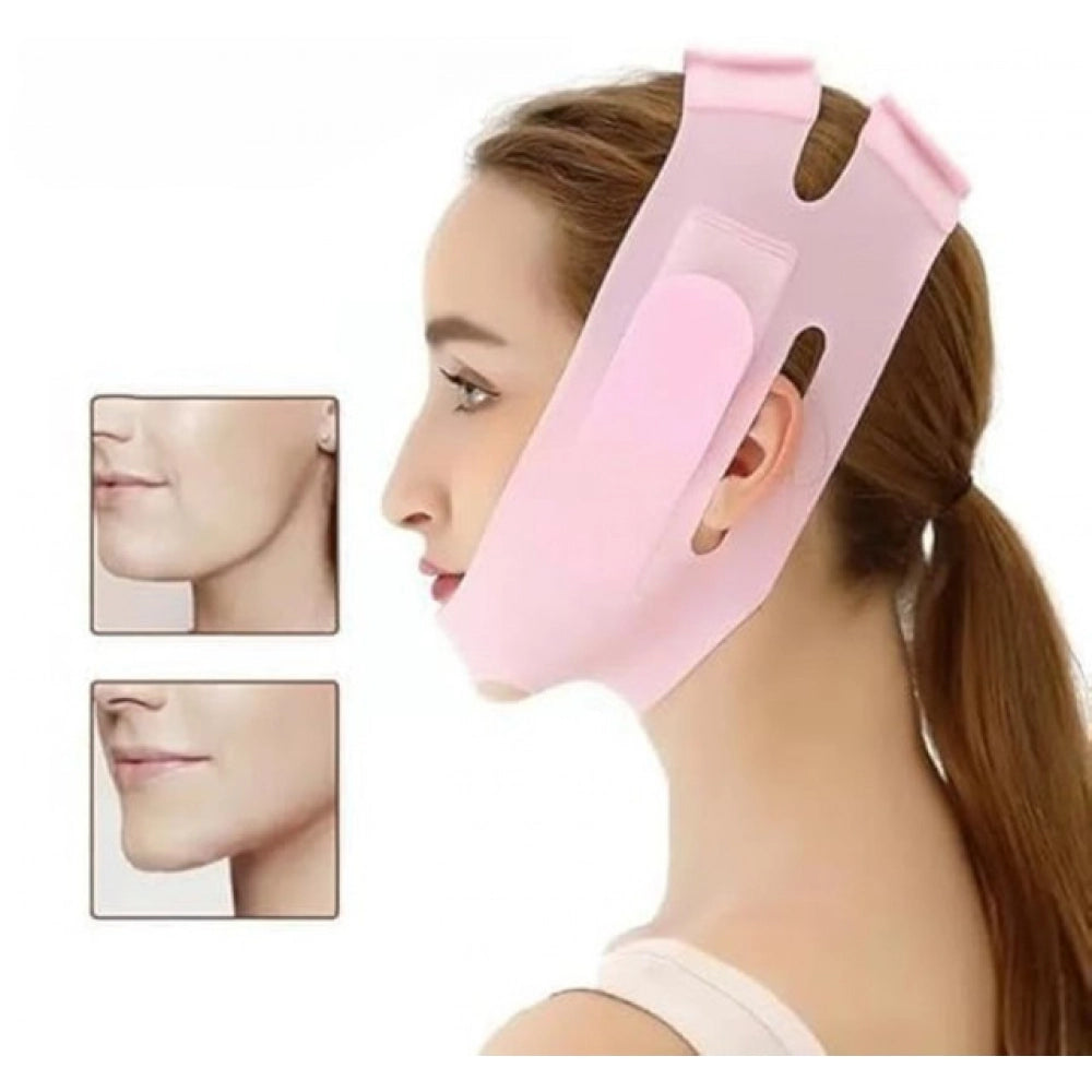 { "alt_text": "Pink silicone face mask for V-line lifting and facial slimming device, washable double chin reducer for women" }