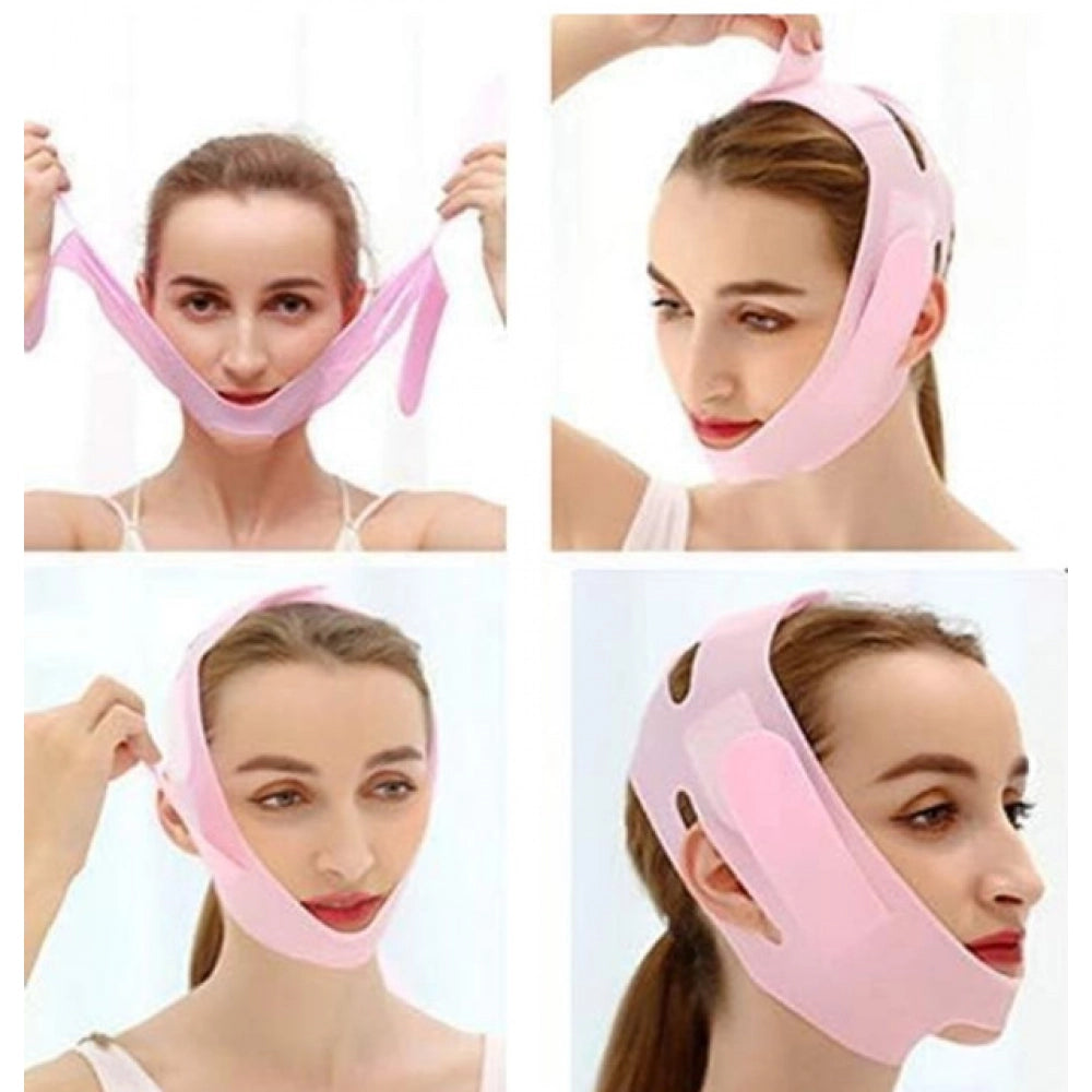 { "alt_text": "Pink silicone face mask for V-line lifting and facial slimming device, washable double chin reducer for women" }