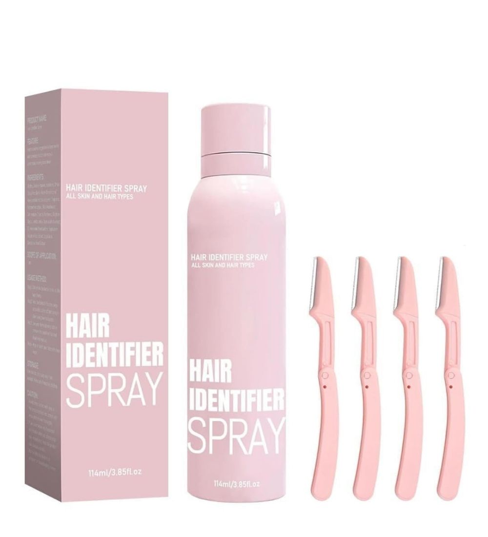 Pink hair identifier spray for highlighting facial hairs, included with four stainless steel razors