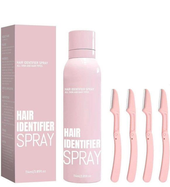 Pink hair identifier spray for highlighting facial hairs, included with four stainless steel razors