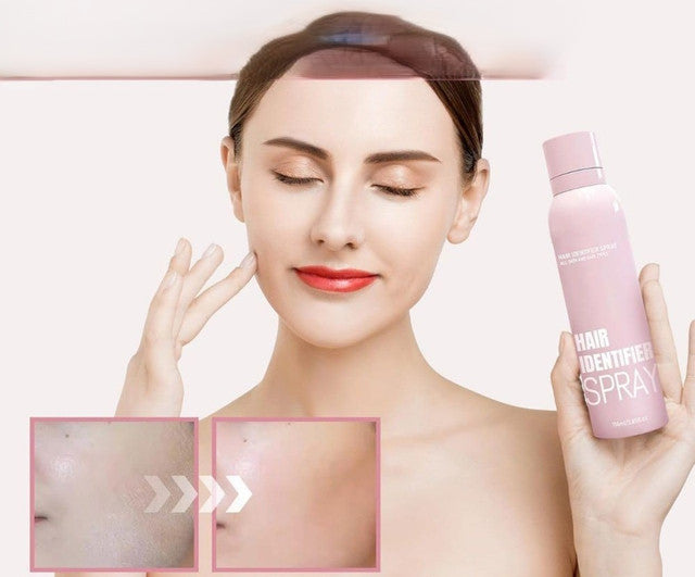 Pink hair identifier spray for highlighting facial hairs, included with four stainless steel razors
