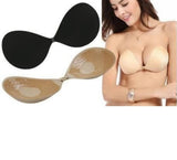 Beige and black adhesive silicone bra pads for strapless or backless dresses, providing a lifted and fuller look