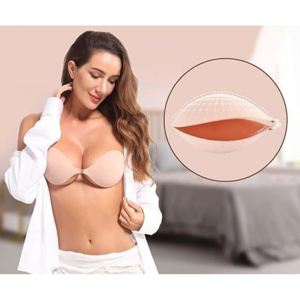 { "alt_text": "Beige black silicone bra pads adhesive support for strapless backless dresses, enhancing natural shape" }