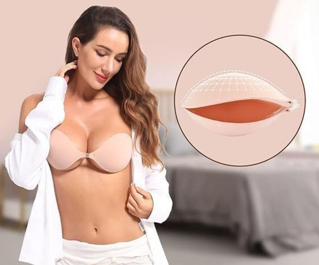 Beige and black adhesive silicone bra pads for strapless or backless dresses, providing a lifted and fuller look