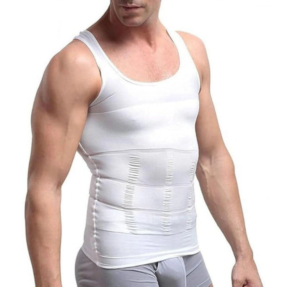 { "alt_text": "White breathable body shaper for men, tummy tucker shapewear designed for all-day comfort and posture support" }