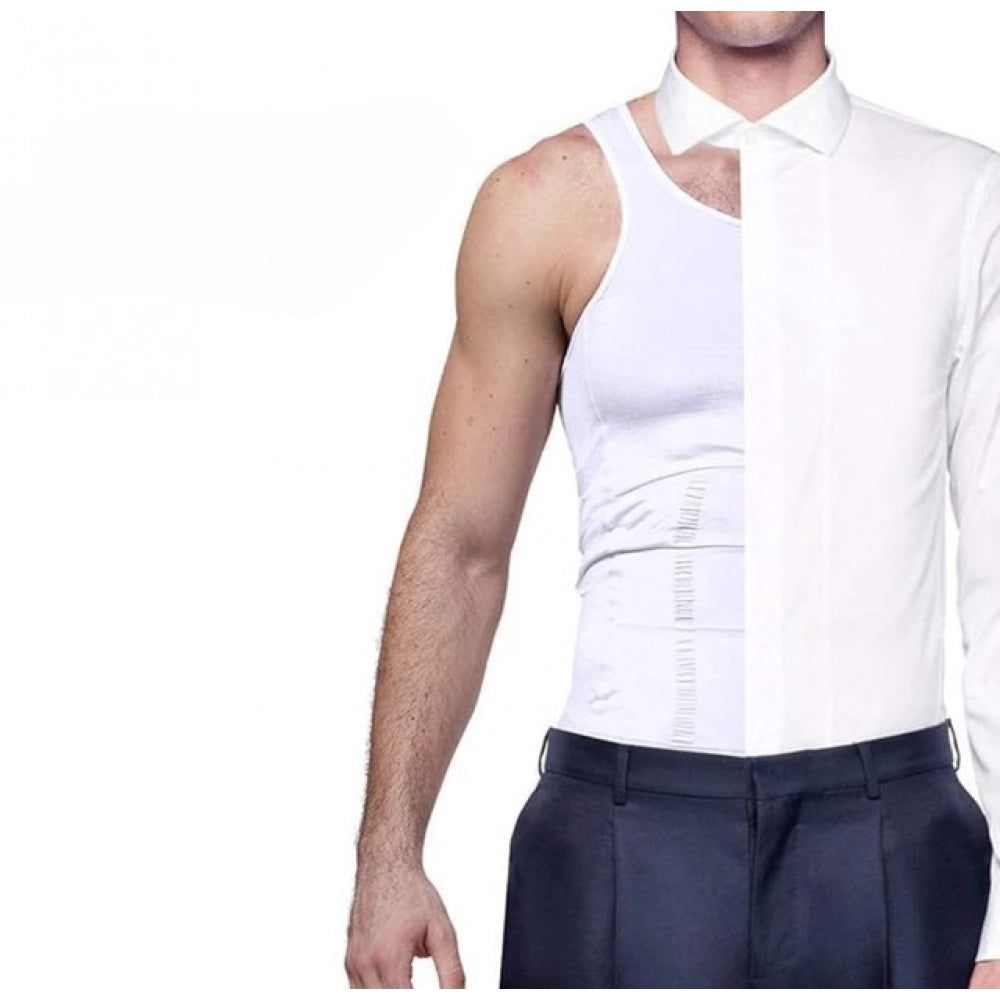 { "alt_text": "White breathable body shaper for men, tummy tucker shapewear designed for all-day comfort and posture support" }