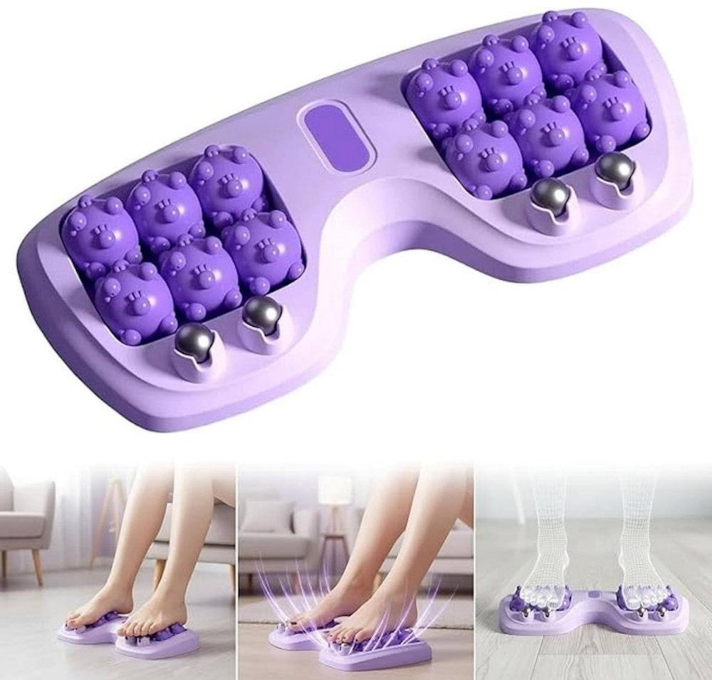 Purple portable foot massage roller with textured nodes for stimulating pressure points and easing foot fatigue