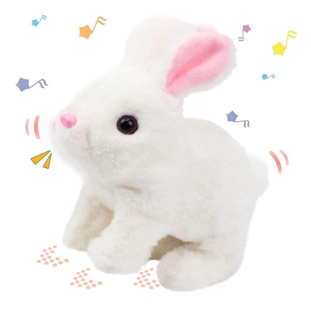 White interactive plush walking rabbit with sound effects and animated movements, ideal for children's playful learning and entertainment