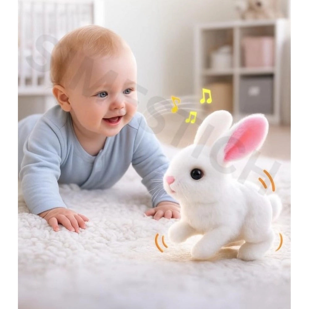 White interactive plush walking-talking rabbit for kids' playful learning, mimics sounds and animated movements