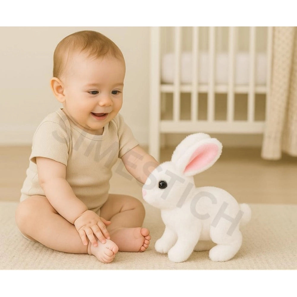 White interactive plush rabbit for fun, learning, and entertainment. Talks and moves realistically, featuring cute ear movement. Safe for babies, toddlers, and children