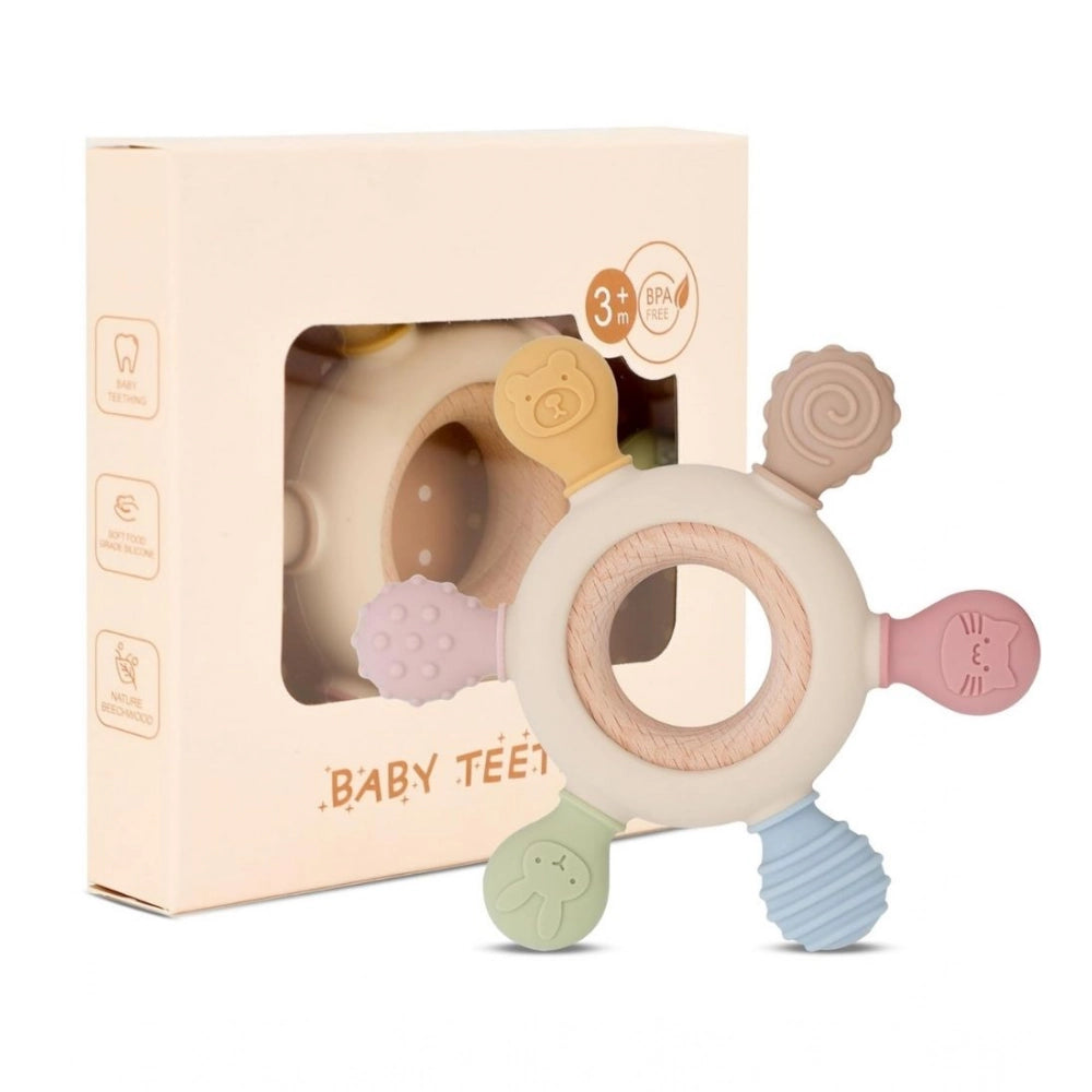 { "alt_text": "Multicolor silicone baby teether for 3+ months, soft durable chew toy, natural beechwood oral development gift" }