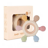 { "alt_text": "Multicolor silicone baby teether for 3+ months, soft durable chew toy, natural beechwood oral development gift" }