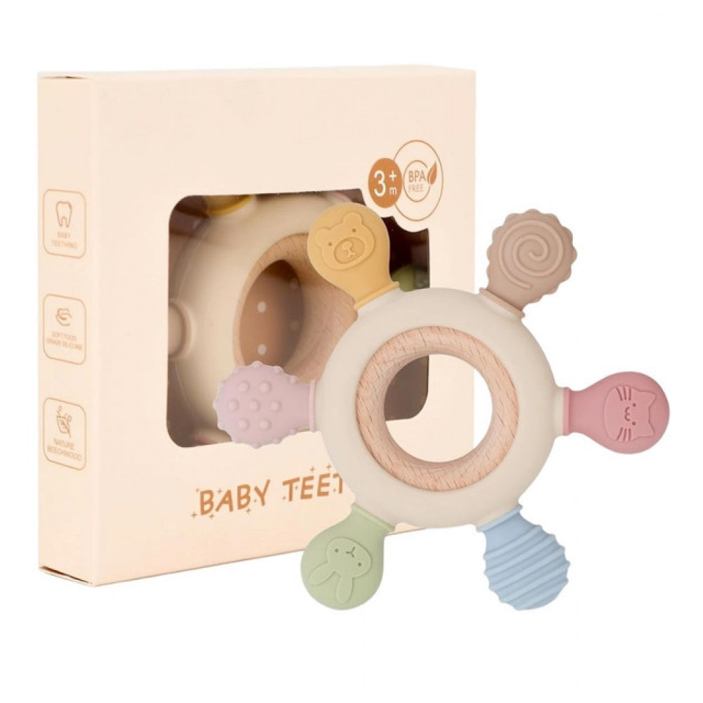 { "alt_text": "Multicolor silicone baby teether for 3+ months, soft durable chew toy, natural beechwood oral development gift" }