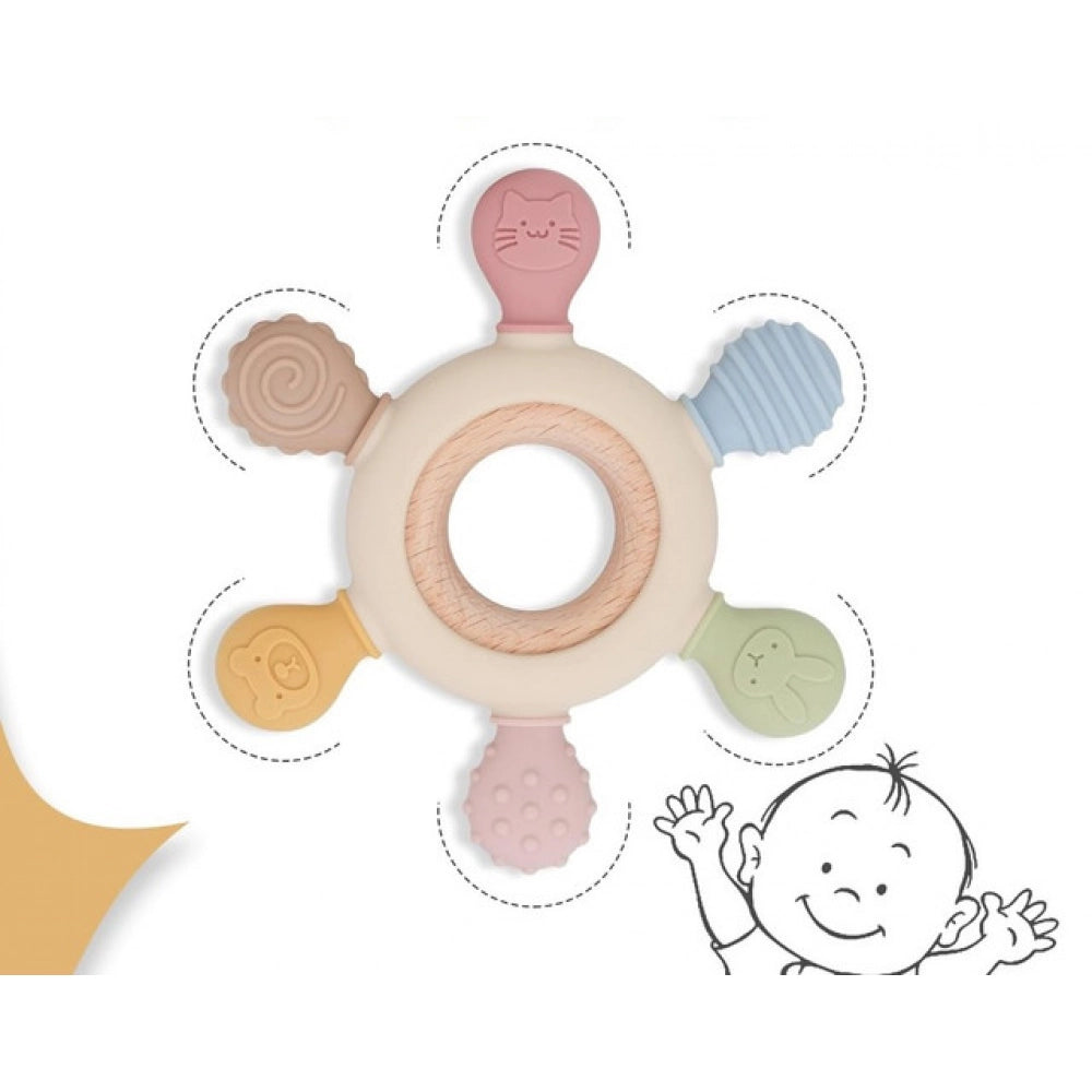 { "alt_text": "Multicolor silicone baby teether for 3+ months, soft durable chew toy, natural beechwood oral development gift" }