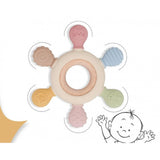 { "alt_text": "Multicolor silicone baby teether for 3+ months, soft durable chew toy, natural beechwood oral development gift" }