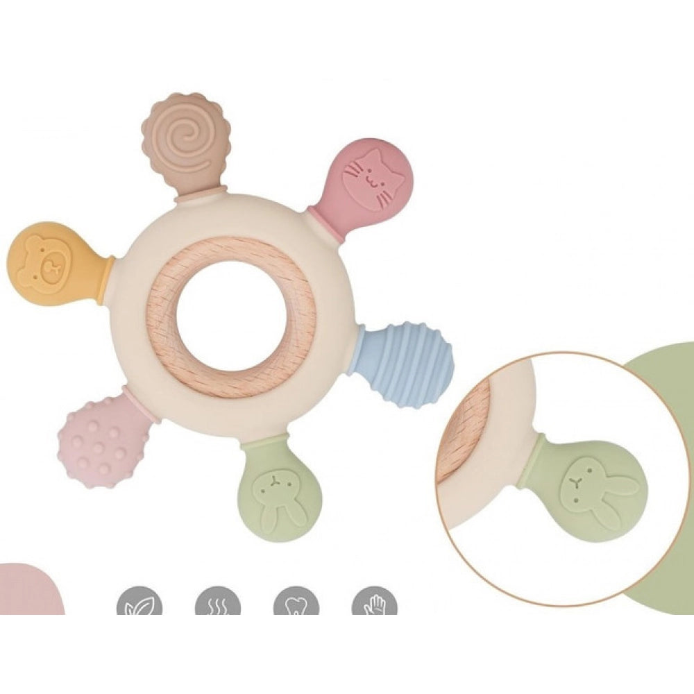 { "alt_text": "Multicolor silicone baby teether for 3+ months, soft durable chew toy, natural beechwood oral development gift" }