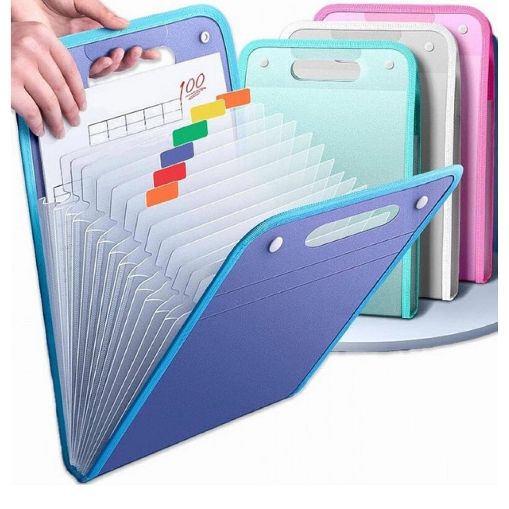 { "alt_text": "Multicolor plastic file folder organizer, large 13 compartment document storage solution for office school home use" }
