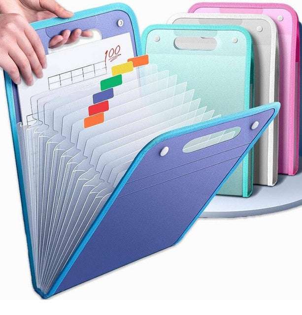 Multicolor plastic A4 file folder organizer with 13 expandable compartments for office and school use