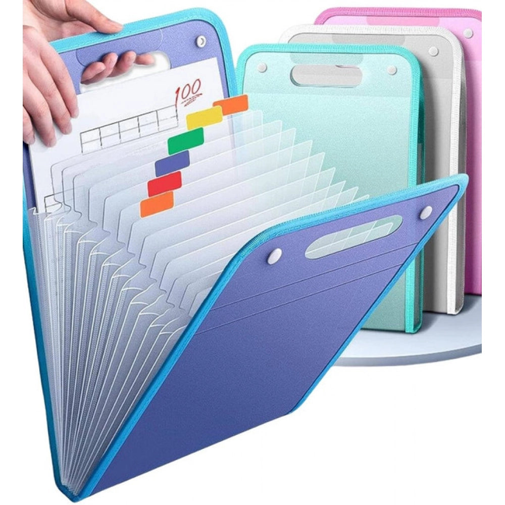 { "alt_text": "Multicolor plastic file folder organizer, large 13 compartment document storage solution for office school home use" }