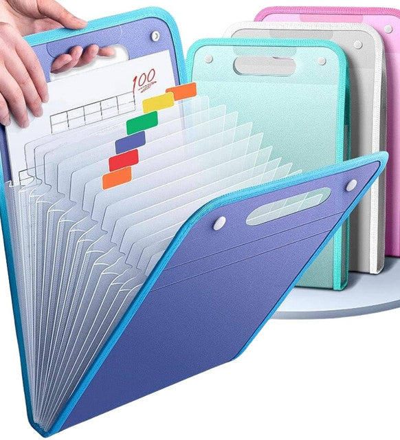 Multicolor plastic A4 file folder organizer with 13 expandable compartments for office and school use