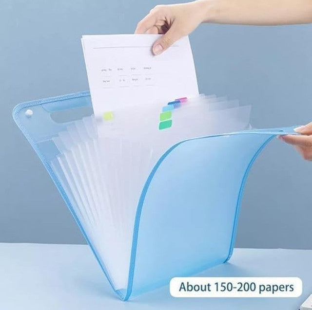 Multicolor plastic A4 file folder organizer with 13 expandable compartments for office and school use