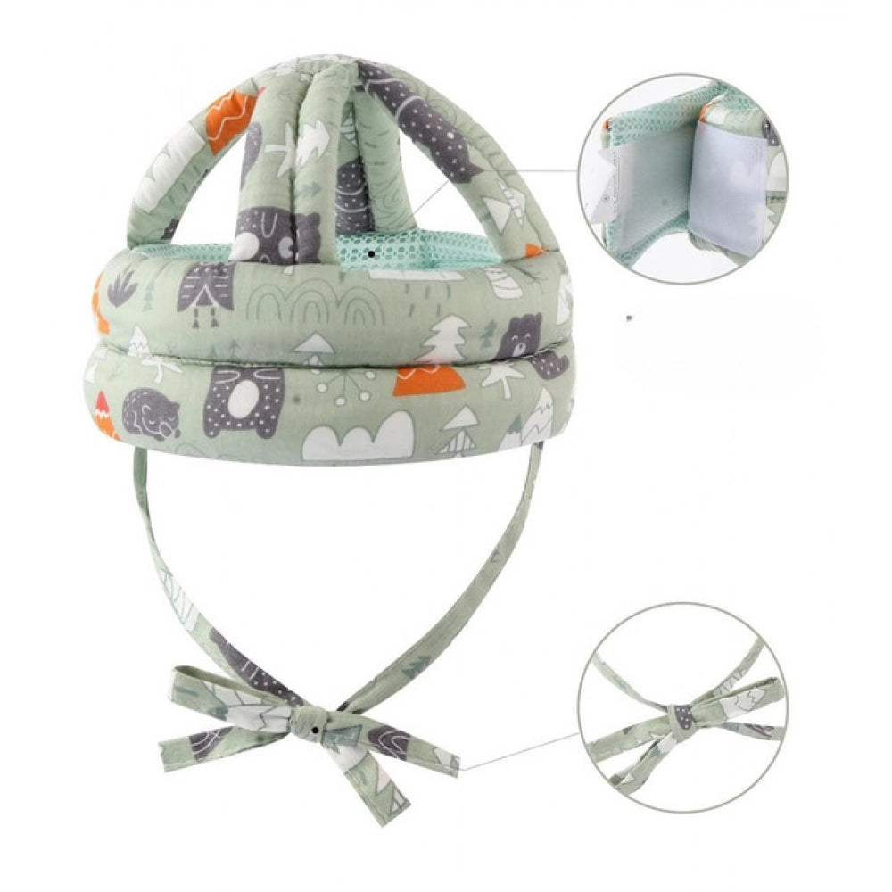 { "alt_text": "Green breathable mesh safety helmet for baby toddlers, shock-absorbing head protector for crawling and playing" }