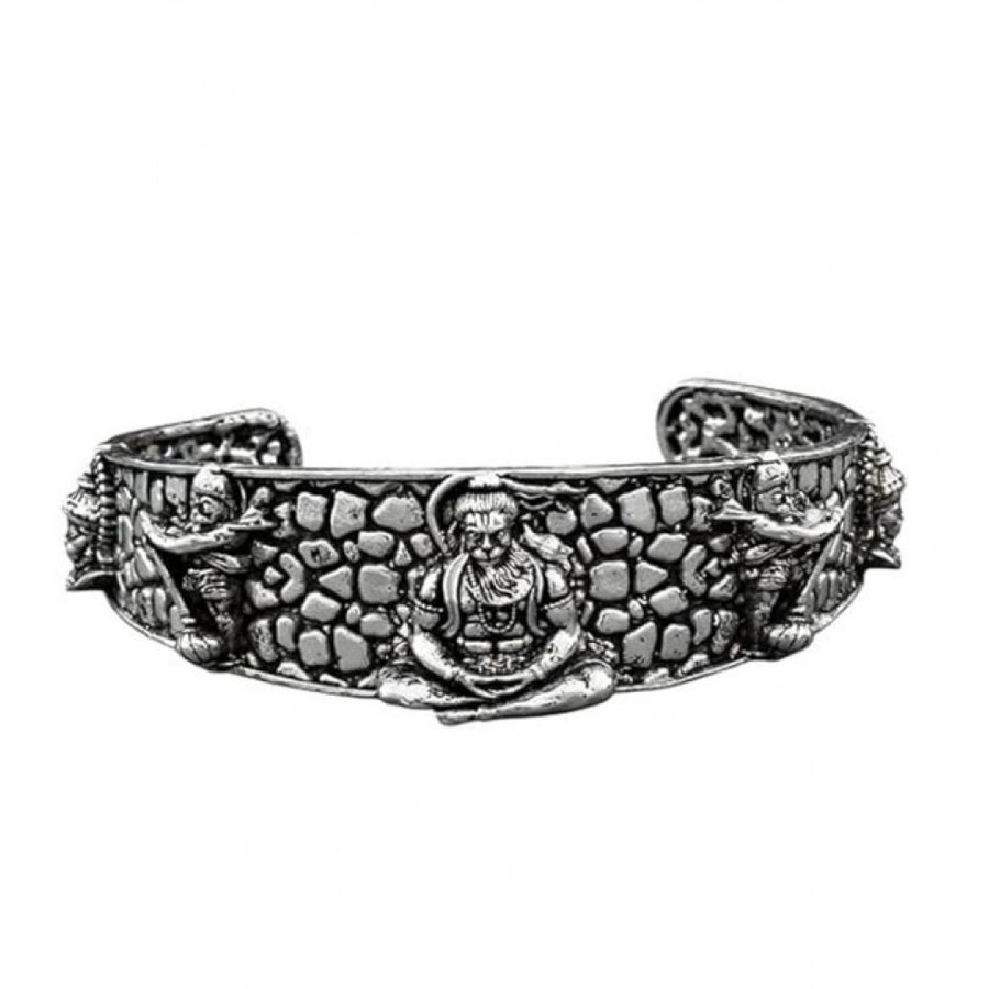 { "alt_text": "Silver metal half wrist kada for Lord Hanuman devotees, spiritual protection, and inner strength" }
