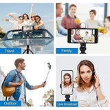 { "alt_text": "Multicolor aluminum selfie stick tripod with Bluetooth remote for travel photography and vlogging" }