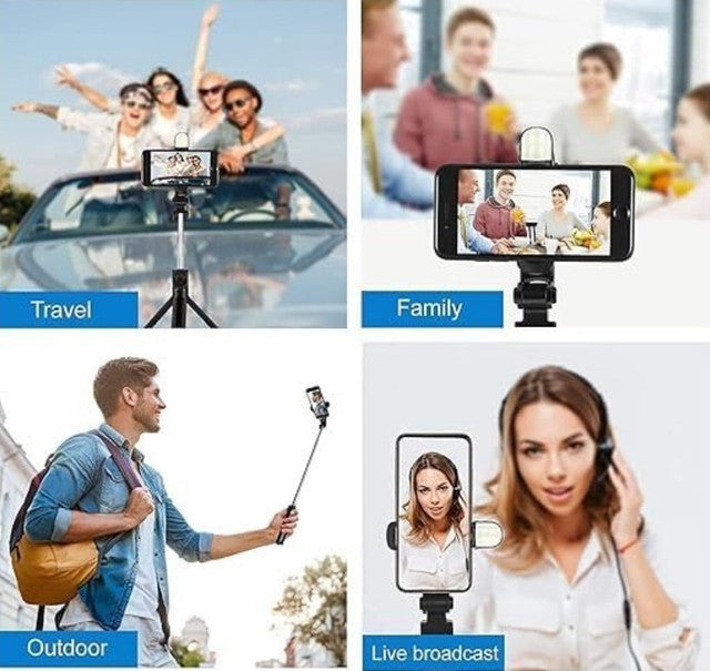 Multicolor extendable selfie stick and phone tripod with Bluetooth remote for stable multi-angle shots