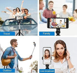 Multicolor extendable selfie stick and phone tripod with Bluetooth remote for stable multi-angle shots
