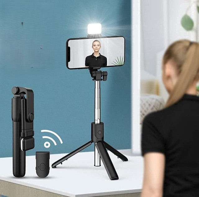 Multicolor extendable selfie stick and phone tripod with Bluetooth remote for stable multi-angle shots
