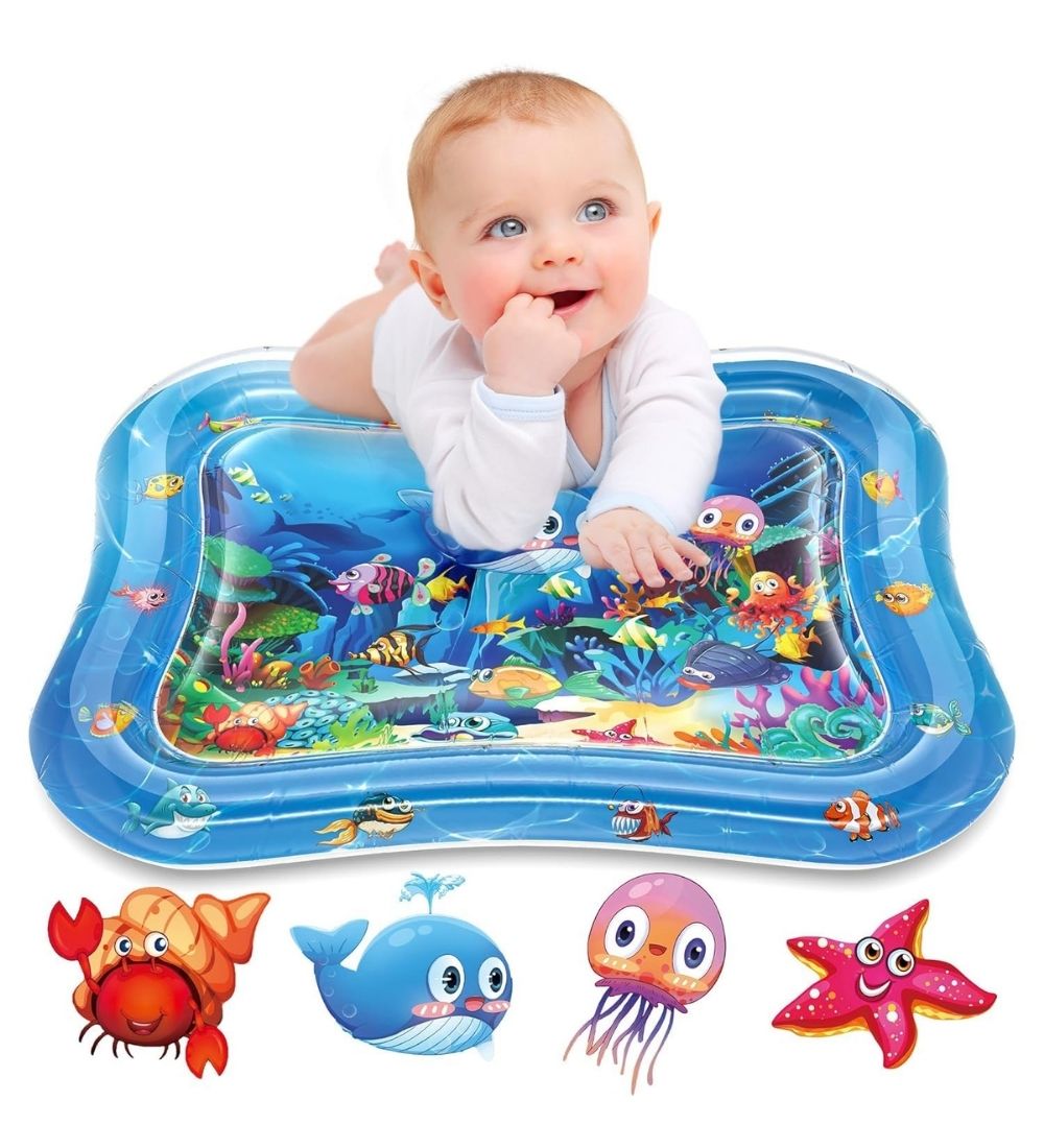 Multicolor sensory play mat for infants, featuring moving shapes and colors for motor skill development