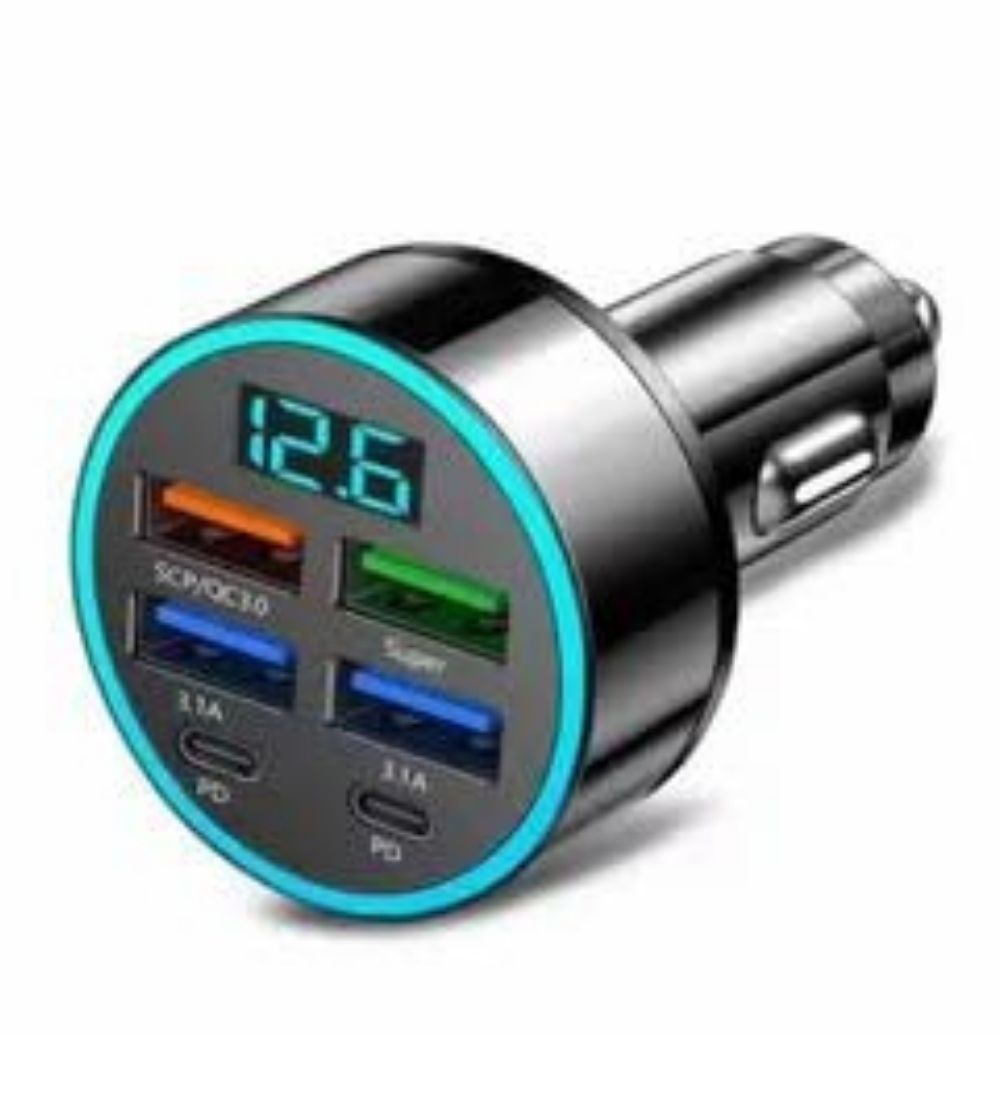 Black 6-in-1 car charger with QC 3.0 and Power Delivery ports for multiple devices