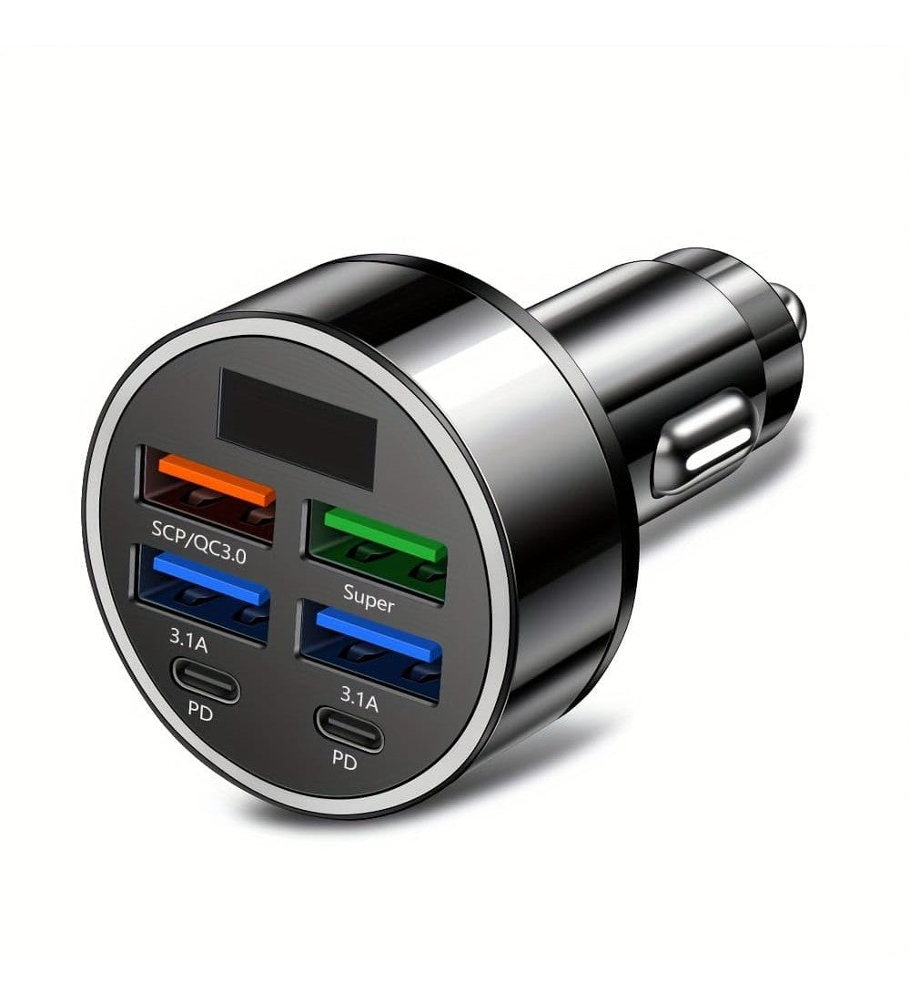 Black 6-in-1 car charger with QC 3.0 and Power Delivery ports for multiple devices