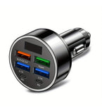 Black 6-in-1 car charger with QC 3.0 and Power Delivery ports for multiple devices