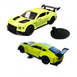 { "alt_text": "Green plastic dashboard drift car display stand, spinning platform for die-cast model cars and collectibles" }