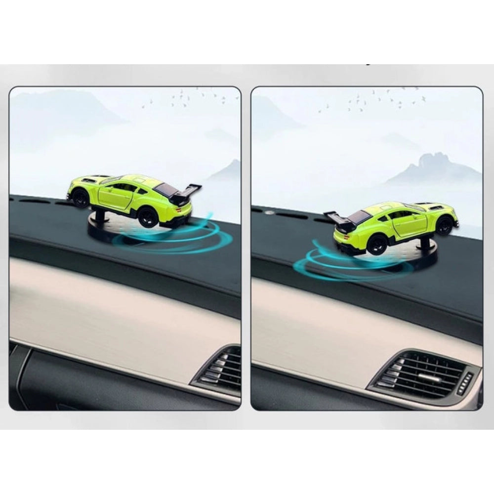 { "alt_text": "Green plastic dashboard drift car display stand, spinning platform for die-cast model cars and collectibles" }
