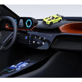 { "alt_text": "Green plastic dashboard drift car display stand, spinning platform for die-cast model cars and collectibles" }