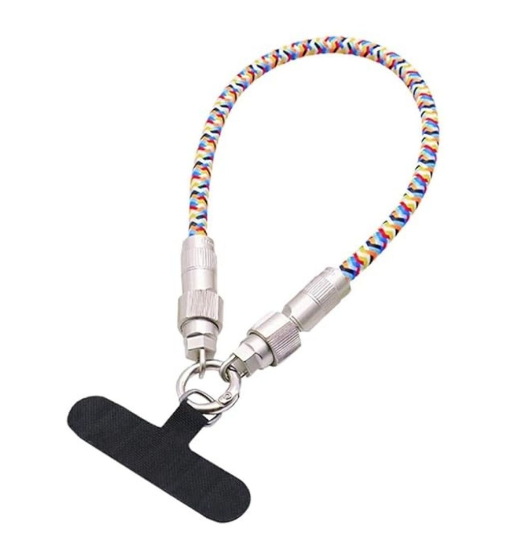 Multicolor USB charging cable lanyard designed to secure and protect a smartphone case while traveling or commuting